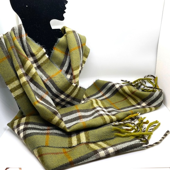 EUC BURBERRYS Unisex vintage olive check wool cashmere scarf - Picture 1 of 5